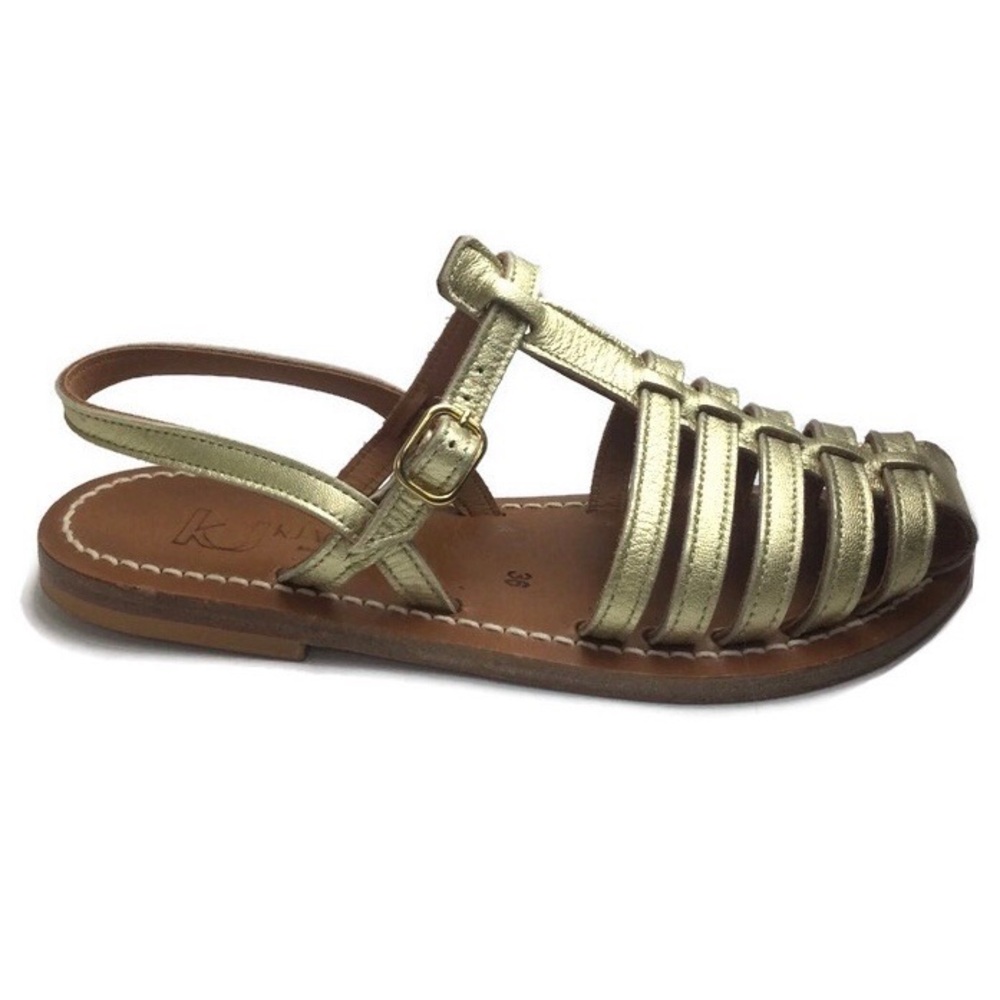 NWT KJacques Adrien Metallic Gold Caged Ankle Strap Fisherman Sandal Size 36